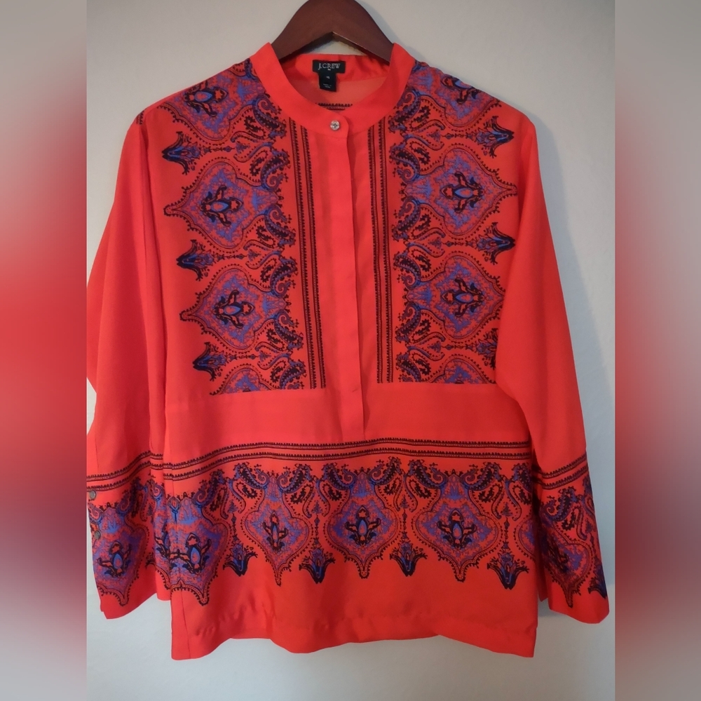 J.Crew Vibrant Orange & Blue Black Paisley Print Tunic Top Bohemian Chic Size XS